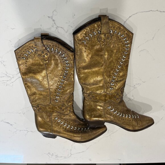 VTG LENNI Leather Low-Heel Western Boot Golden Color with Cut-Out Design 6.5 B - Picture 3 of 13